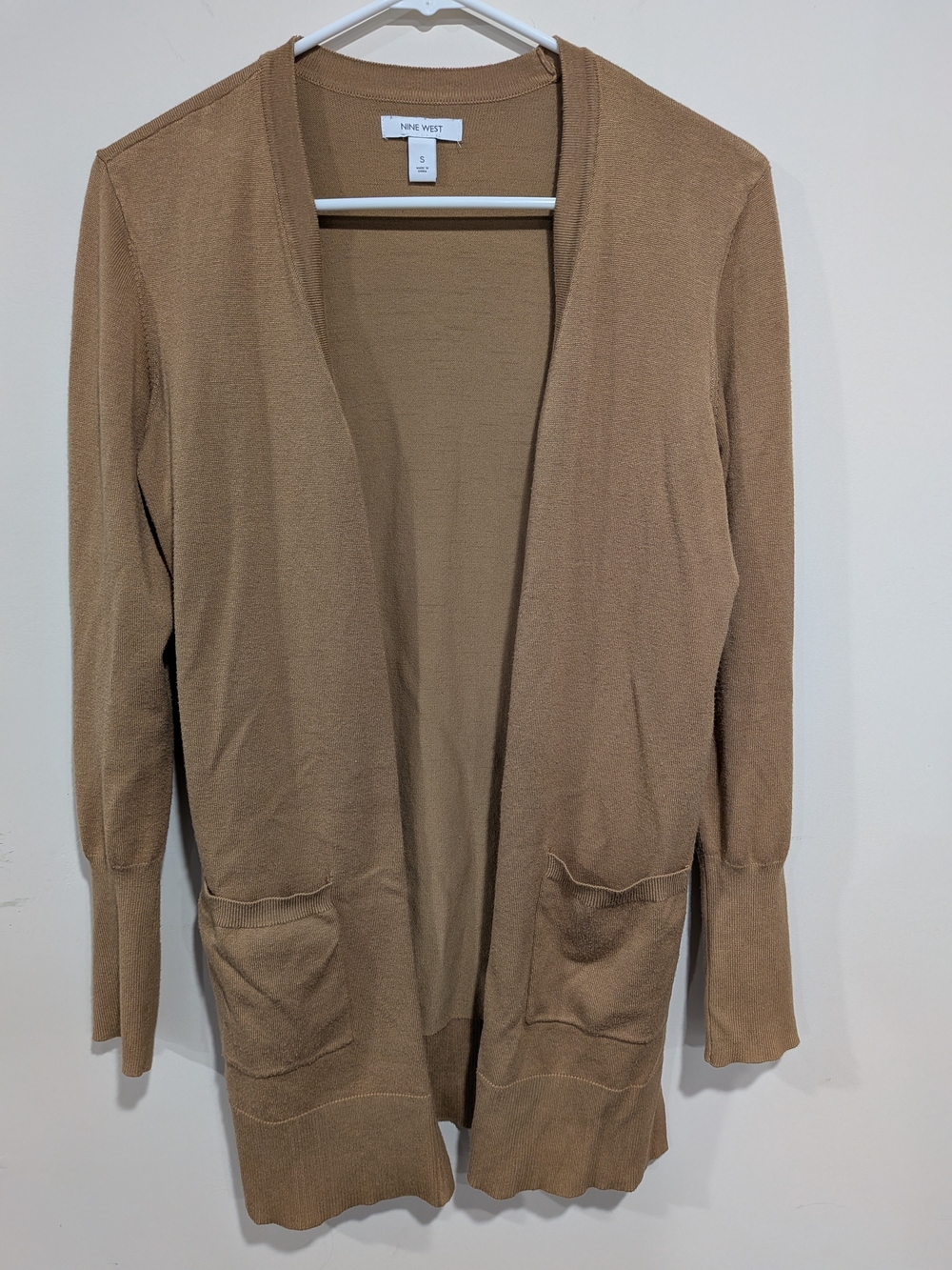 Nine West Camel Open-Front Pocket Cardigan